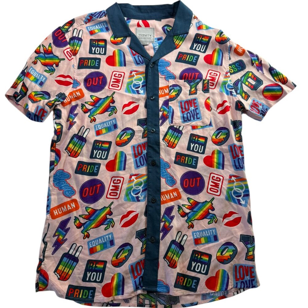Trinity Collective Button Up Shirt, Size Medium. OMG Equality Gay Pride Rainbow